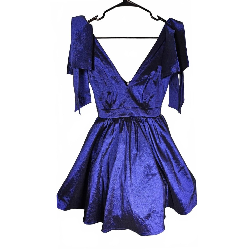 Windsor Royal Navy Blue Metallic Tie Shoulder Skater Dress XS Fit & Flare NWT